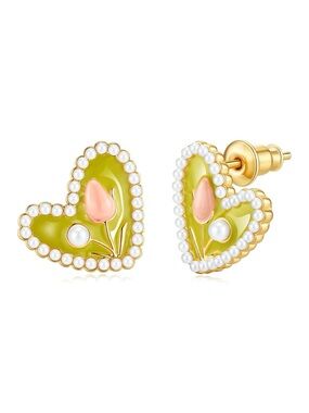 Cicy Bell 18K Gold Plated Heart Stud Earrings w/ Tulip Flower